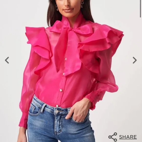 Forever Unique Tops - Forever Unique Organza Ruffle Trim Button Down Tie Blouse In White Size 14
